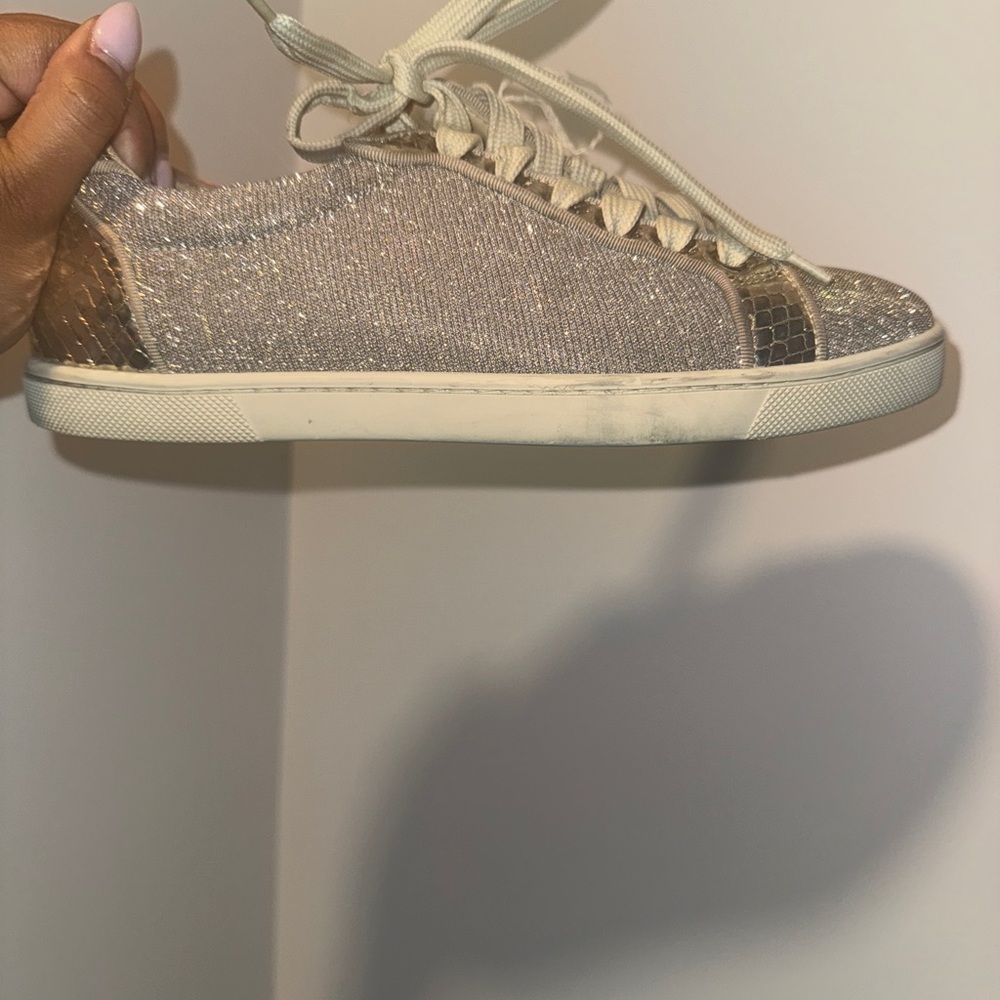 Christian Louboutin Women's Glitter Low-Top Sneakers in Champagne Gold - Picture 3 of 5